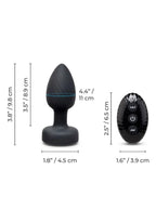Black silicone anal plug and its remote control with dimension measurements shown on a white background.