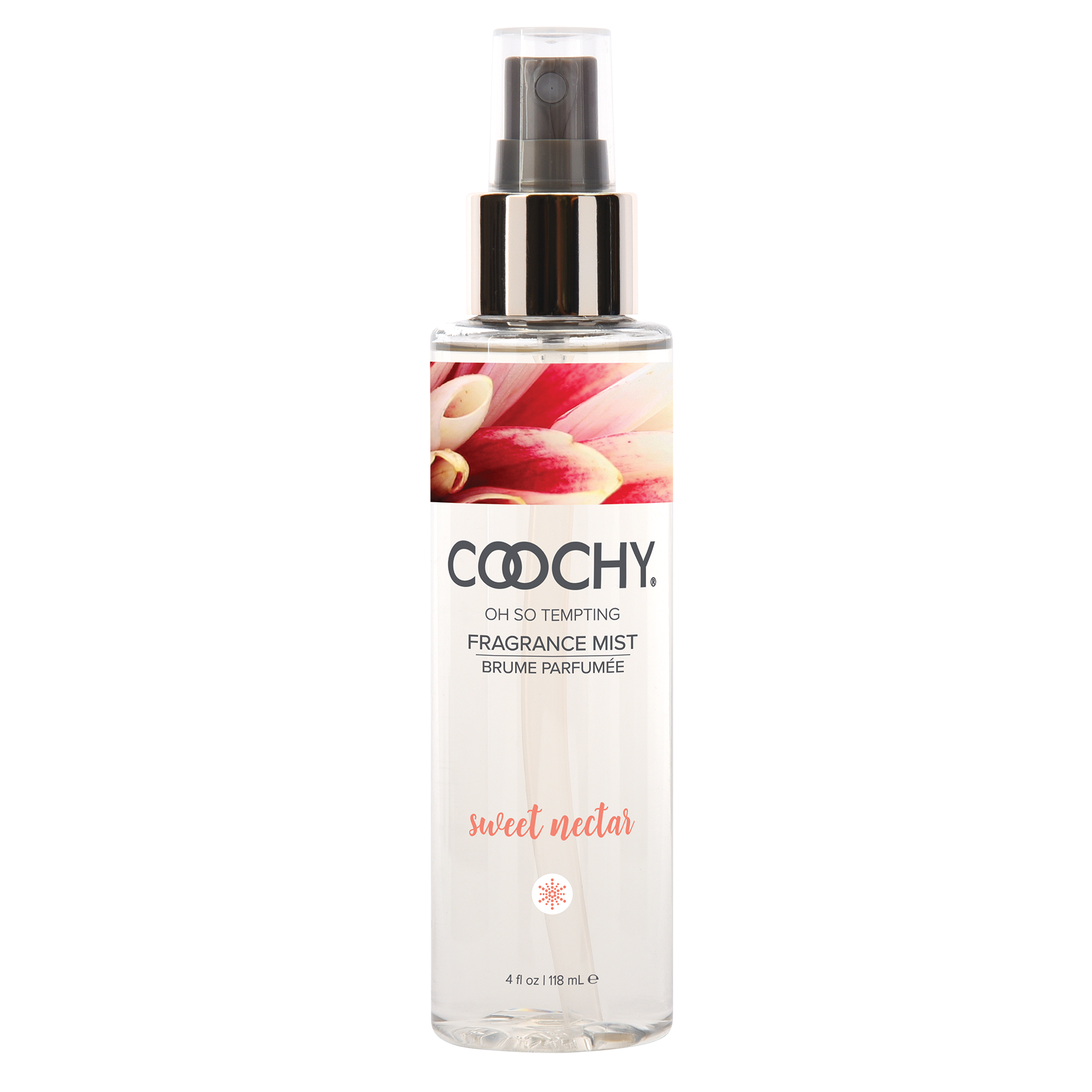 COOCHY fragrance mist bottle with floral design on a white background